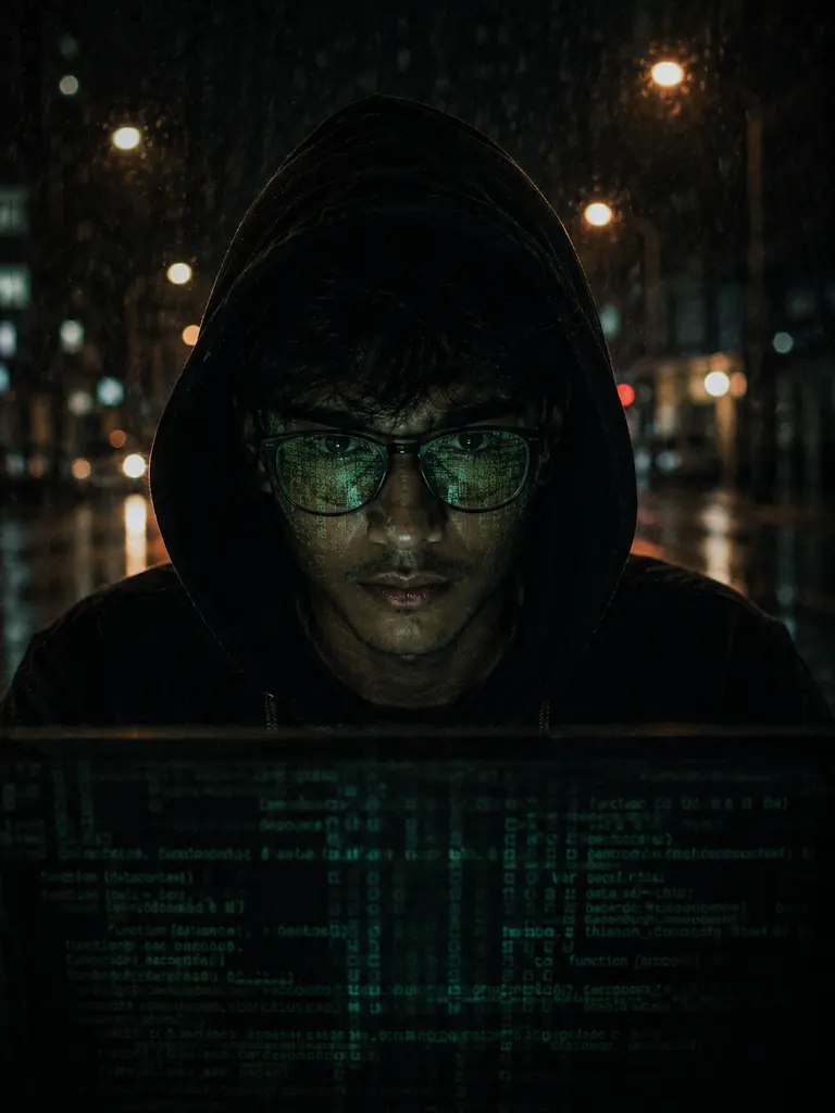 Sample image generated from the prompt: Hacker code-lit portrait