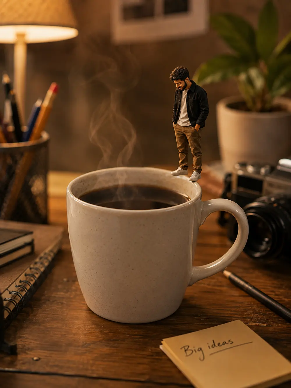 Sample image generated from the prompt: Miniature you on a coffee mug