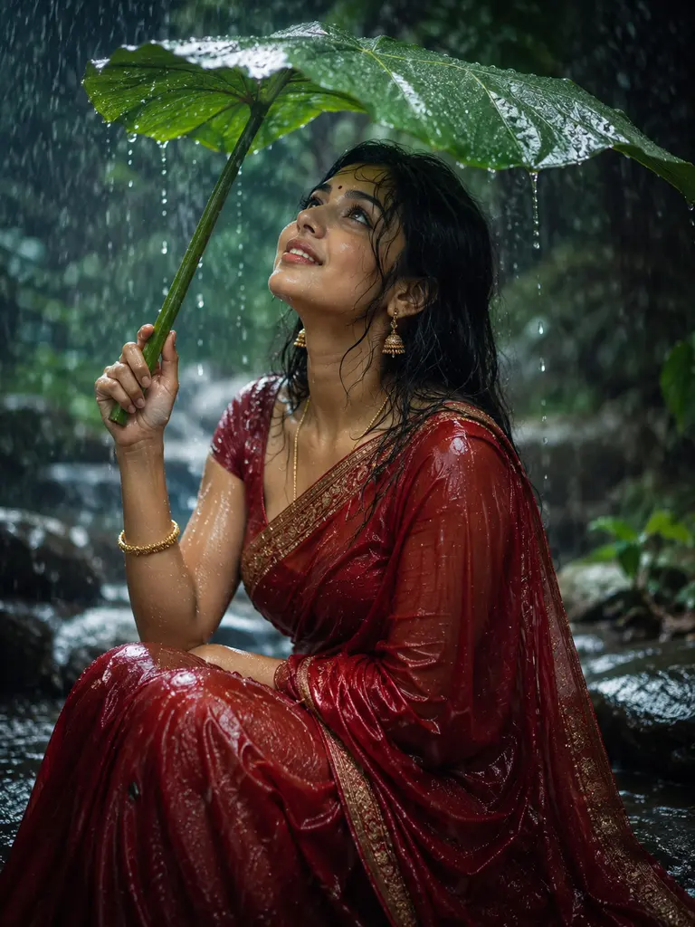 Sample image generated from the prompt: Monsoon leaf-umbrella portrait