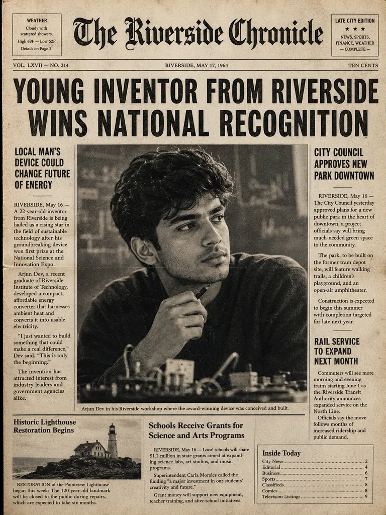 Sample image generated from the prompt: Vintage newspaper front page