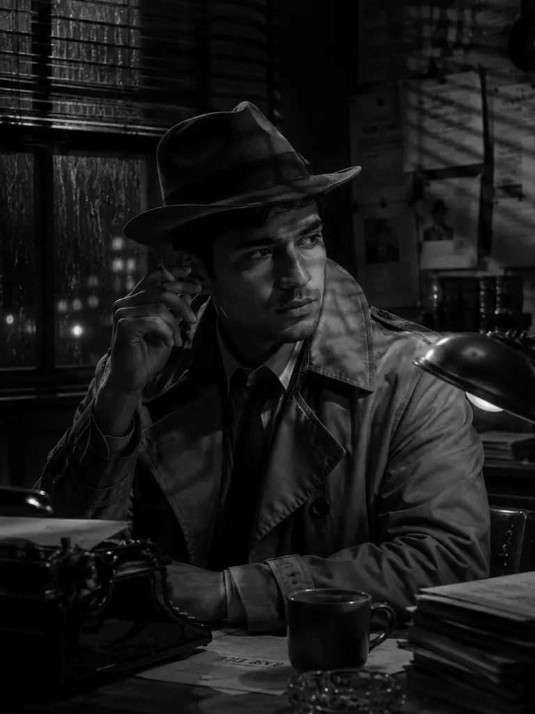 Sample image generated from the prompt: Film-noir detective