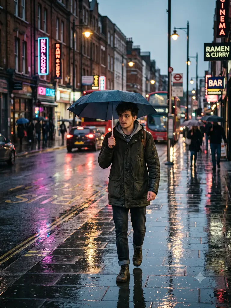 Sample image generated from the prompt: Rain-soaked neon street