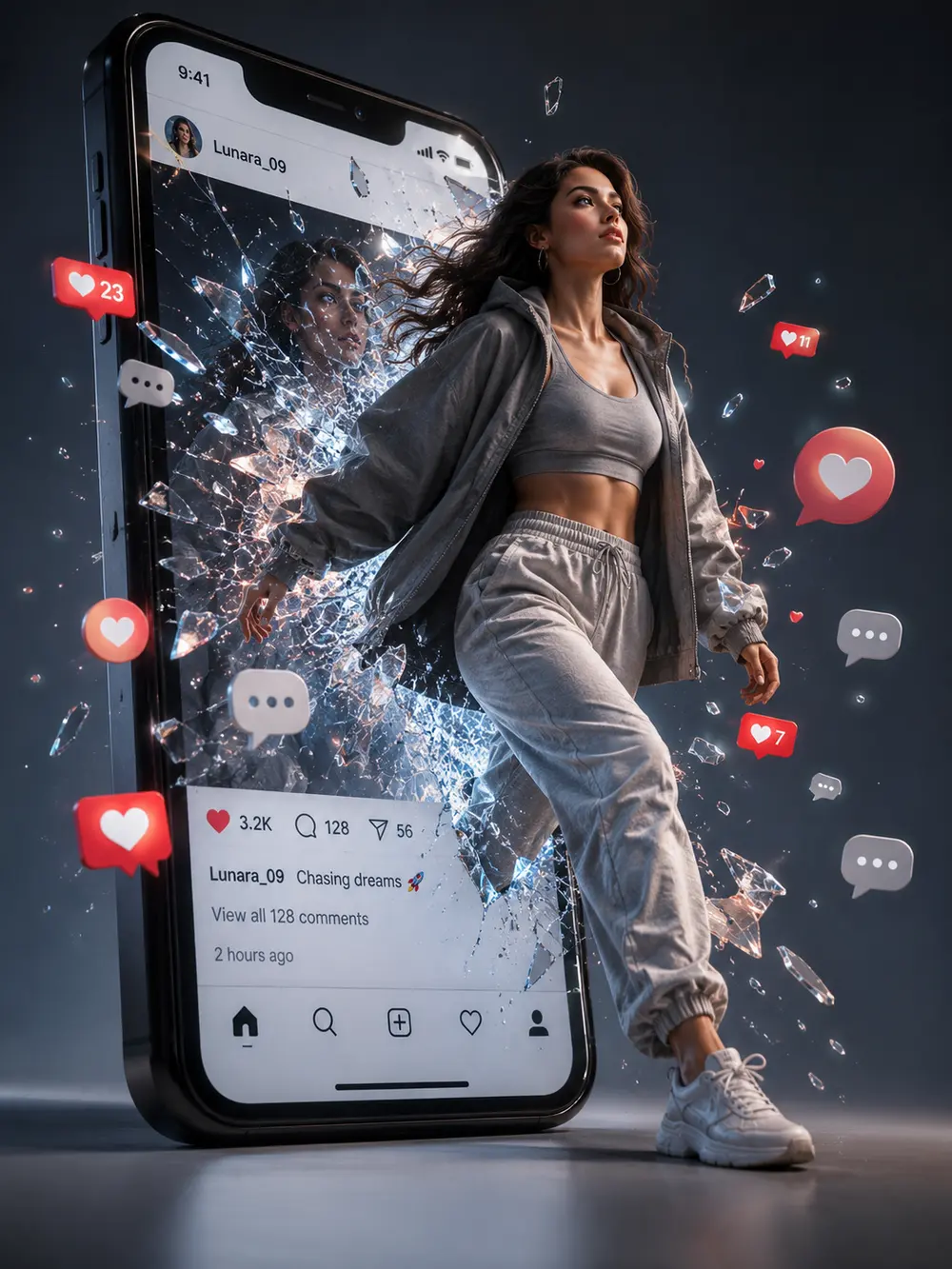 Sample image generated from the prompt: Stepping out of the phone screen