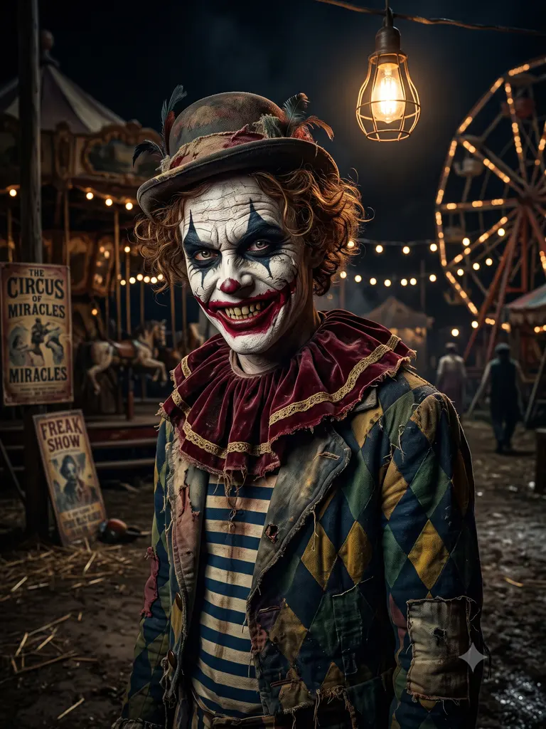 Sample image generated from the prompt: Sinister circus clown