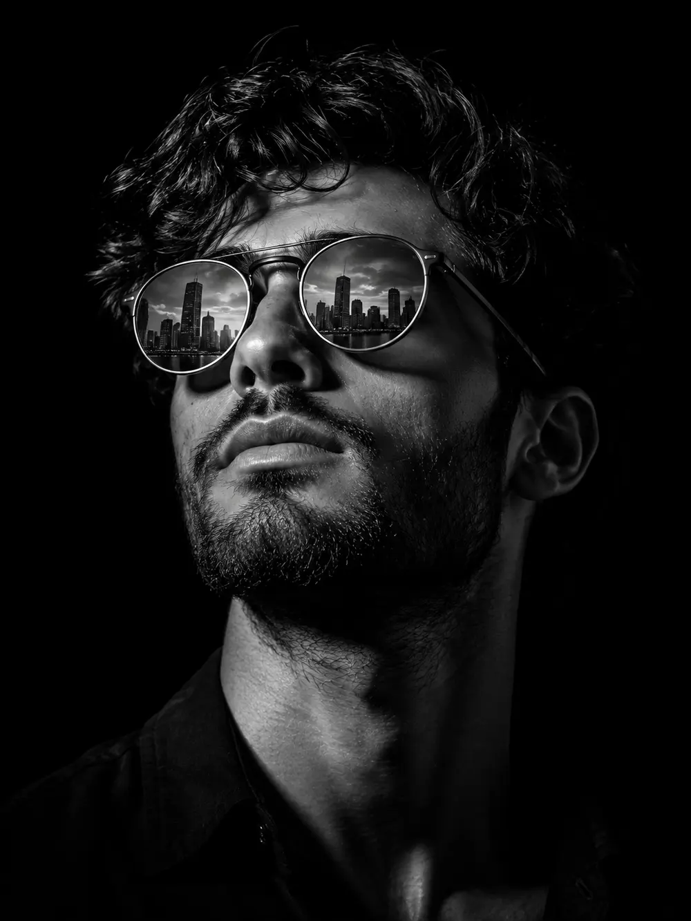 Sample image generated from the prompt: Skyline reflection portrait