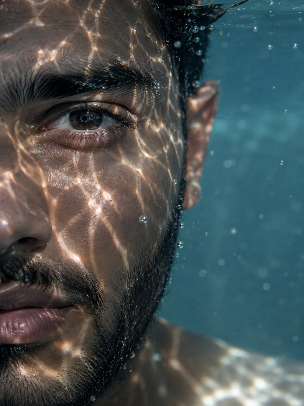 Sample image generated from the prompt: Half-submerged macro portrait