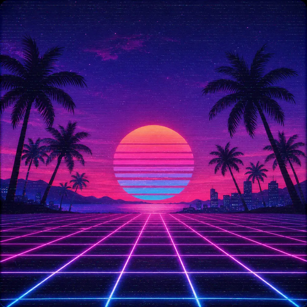 Sample image generated from the prompt: Retro vaporwave scene