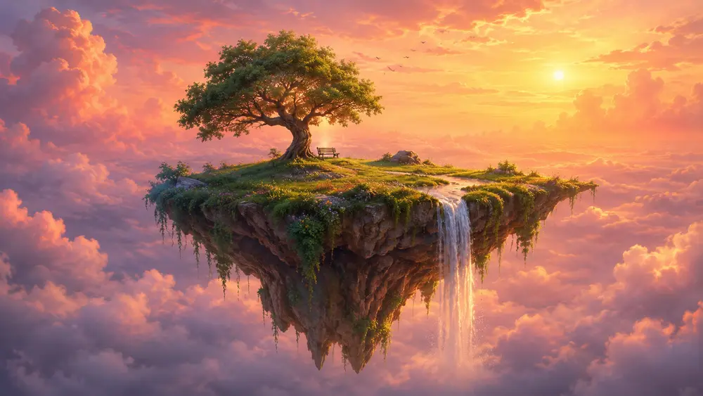 Sample image generated from the prompt: Surreal floating island