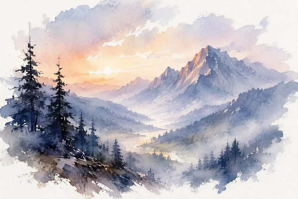 Sample image generated from the prompt: Loose watercolor mountain valley